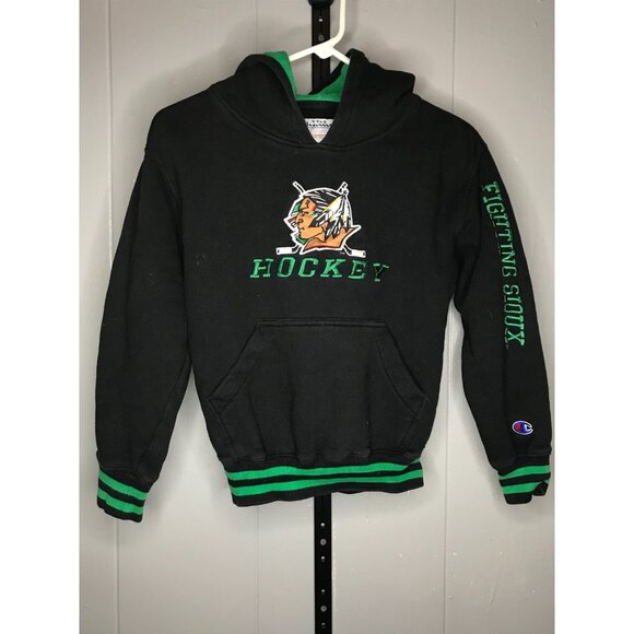 Vintage North Dakota Fighting Sioux UND Sz YOUTH MD Black Hoodie Sweatshirt - Picture 1 of 3
